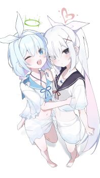 2girls absurdres anniu_(user_vemd7787) arona_(blue_archive) barefoot bikini black_bikini black_eyes blue_archive blue_bikini blue_eyes blue_hair blush braid collarbone colored_inner_hair green_halo hair_over_one_eye hairband halo highres jewelry long_hair looking_at_viewer midriff multicolored_hair multiple_girls navel necklace one_eye_closed open_mouth pink_hair plana_(blue_archive) ponytail red_halo school_uniform see-through_clothes shirt sidelocks simple_background smile standing standing_on_one_leg swimsuit toes white_background white_hair white_hairband