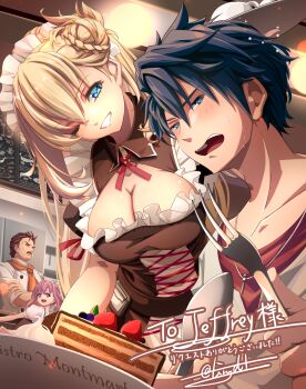 1boy 1girl absurdres agnes_claudel blonde_hair braid breasts bun_with_braided_base cleavage dessert dog_tags eiyuu_densetsu embarrassed food hair_bun highres kuro_no_kiseki_(series) maid one_eye_closed signature single_hair_bun teasing tinybiard unconventional_maid van_arkride