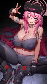 Rule 34 | 1girl, absurdres, arm strap, arm up, armpits, bare shoulders, battlesuit, black background, black shoes, black sports bra, blue archive, blush, bra, breasts, cleavage, collar, collarbone, commentary, covered groin, crop top, eimi (armed) (blue archive), eimi (blue archive), grey pants, hair between eyes, halo, head-mounted display, headgear, highres, huge breasts, legs, long hair, metal bracelet, metal collar, midriff, navel, on ground, onbawa, open mouth, pants, pink eyes, pink hair, pink halo, shoes, sidelocks, sitting, smile, sports bra, teeth, thighs, tight clothes, tight pants, underwear, upper teeth only, very long hair