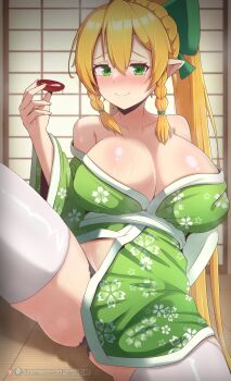 1girl artist_name bare_shoulders black_panties blonde_hair blush braid braided_sidelocks breasts cleavage closed_mouth commentary english_commentary floral_print floral_print_kimono green_eyes green_kimono highres holding japanese_clothes kimono large_breasts leafa_(sao) long_hair looking_at_viewer mischiefmiz off_shoulder panties patreon_logo patreon_username pointy_ears print_kimono sitting smile solo spread_legs subscribestar_logo subscribestar_username sword_art_online thighhighs underwear white_thighhighs