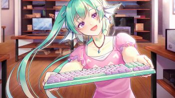 1girl :d a.cat absurdres aqua_hair casual collarbone commentary computer_keyboard earrings english_commentary finana_ryugu fins game_cg hair_ornament head_fins head_tilt highres holding_computer_keyboard jewelry lazulight light_blush looking_at_viewer necklace nijisanji nijisanji_en open_mouth pink_shirt purple_eyes scales shell shell_hair_ornament shirt single_earring smile solo twintails virtual_youtuber