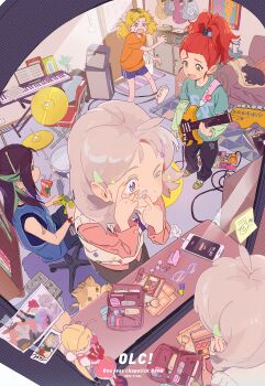 4girls absurdres amplifier aqua_shirt artist_name bandaid bandaid_on_arm black_hair black_pants blonde_hair blue_eyes blue_shorts blue_vest brown_hair cat cellphone chair commentary contact_lens controller copyright_name cymbals doll drink_carton drum drum_set drumsticks electric_guitar from_side game_controller green_arm_warmers guitar highres holding holding_controller holding_game_controller holding_instrument indoors instrument juice_box keyboard_(instrument) low_twintails luo_meimei makeup mirror multiple_girls one_less_chopstick_band orange_eyes orange_shirt pants phone photo_(object) pink_hair putting_in_contact_lens red_hair reflection rug shi_chunlan shirt shorts sitting smartphone song_na speaker stool table topknot troka twintails unworn_eyewear vanity_table vest zhang_zilong