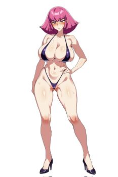 1girl alternate_breast_size_(larger) bikini black_shoes blush breasts cameltoe closed_mouth commentary curvy embarrassed full_body gundam haman_karn hand_on_own_hip high_heels highleg highleg_bikini highres huge_breasts legs looking_at_viewer navel partially_visible_vulva pink_hair purple_bikini purple_eyes shoes short_hair simple_background solo standing swimsuit toe_cleavage wessidesuyo white_background zeta_gundam