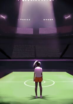 1girl absurdres arms_at_sides commentary_request from_behind highres magurosamm nemona_(pokemon) nintendo orange_shorts pokemon pokemon_sv ponytail shirt shoes short_sleeves shorts solo stadium striped_clothes striped_shorts white_shirt white_shoes wide_shot