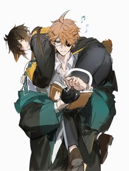 2boys age_difference aged_down alternate_costume book carrying carrying_over_shoulder genshin_impact hamtaru542899 harry_potter_(series) highres hogwarts_school_uniform hufflepuff mors_gn multiple_boys musical_note one_eye_covered rabbit_ears rabbit_tail reading slytherin tartaglia_(genshin_impact) tartali.club uniform white_background wizarding_world yaoi zhongli_(genshin_impact)