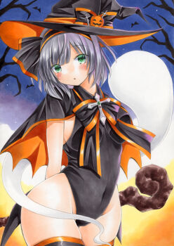 1girl alternate_costume bare_tree black_cape black_hairband black_hat black_leotard black_thighhighs blush bow breasts cape commentary_request covered_navel cross green_eyes grey_hair groin hairband halloween halloween_costume hat hat_bow hitodama holding holding_staff jack-o&#039;-lantern_hat_ornament konpaku_youmu konpaku_youmu_(ghost) leotard looking_at_viewer marker_(medium) orange_cape outdoors solo staff suzune_koto_(avuu3784) thighhighs touhou traditional_media tree two-sided_cape two-sided_fabric witch witch_hat
