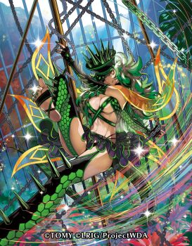 1girl black_gloves black_hair black_hat breasts cleavage closed_mouth clothing_request copyright_notice fingerless_gloves gloves greeana_(wixoss) green_hair green_nails green_scales hat large_breasts long_hair looking_at_viewer moreshan multicolored_hair nail_polish official_art smile solo streaked_hair toenail_polish toenails wixoss yellow_eyes