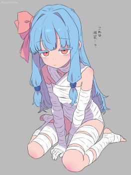 1girl ankle_wrap arm_wrap bandage_over_one_eye bandaged_arm bandaged_hand bandaged_head bandaged_leg bandages bare_shoulders barefoot blue_hair blush budget_sarashi closed_mouth dress full_body grey_background hair_intakes highres kotonoha_aoi long_hair looking_at_viewer mummy naked_bandage red_eyes sarashi semicolonize simple_background sitting solo voiceroid wrist_wrap