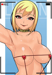 Rule 34 | 1girl, arm at side, armpits, bikini, blonde hair, blue background, border, breasts, choker, cleavage, collarbone, commentary, covered nipples, english commentary, highres, large breasts, lips, looking at viewer, medium hair, micro bikini, original, outstretched arm, parted lips, pov, presenting armpit, recording, red eyes, saberrung, shiny skin, simple background, smile, solo, sweat, swimsuit, upper body, white border