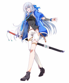 1girl artist_name asymmetrical_legwear beads black_shirt blue_bow blue_eyes blue_necktie boots bow bridal_gauntlets crossed_bangs denim double-parted_bangs eiyuu_densetsu floating_hair full_body hair_between_eyes hair_bow high_heel_boots high_heels holding holding_sword holding_weapon jacket jeans katana kuro_no_kiseki kuro_no_kiseki_(series) kuro_no_kiseki_ii long_hair looking_at_viewer loose_necktie navel necktie open_clothes open_jacket open_mouth pants partially_unbuttoned prayer_beads puffy_short_sleeves puffy_sleeves rope shimenawa shirt shizuna_rem_misurugi short_sleeves simple_background sleeveless sleeveless_shirt smile solo sword tachi-e torn_clothes torn_jeans torn_pants very_long_hair weapon white_background white_hair wing_collar xiacheng_tatsuya