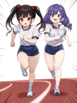 2girls black_hair buruma commentary comodox english_commentary gym_uniform hair_ornament highres ink_(comodox) lulla_(comodox) multiple_girls original purple_hair red_eyes running shirt socks textless_version twintails