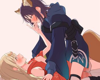 2girls animal_ears belt blonde_hair blue_hoodie blush cho_kaguya-hime! crescent crescent_hair_ornament fox_ears fox_girl fox_shadow_puppet green_eyes hair_ornament highres hood hoodie japanese_clothes kaguya_(cho_kaguya-hime!) kimono kiss kissing_hand multiple_girls nuooooodoomo open_mouth orange_eyes pink_background purple_hair red_kimono sakayori_iroha short_hair simple_background smile straddling thigh_strap yuri