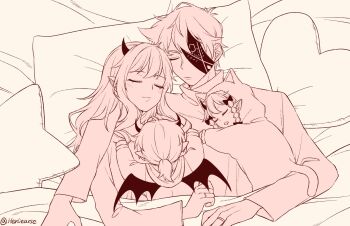 Rule 34 | 2boys, 2girls, :3, aged down, animal hood, arm around shoulder, artist name, braid, brother and sister, cat hood, closed eyes, closed mouth, commentary request, demon wings, eyepatch, father and daughter, father and son, friday night funkin', head on pillow, heart, heart-shaped pillow, herliearse, highres, hood, hood up, horns, humanization, husband and wife, jewelry, limited palette, long hair, long sleeves, mother and daughter, mother and son, multiple boys, multiple girls, onesie, pillow, pointy ears, ponytail, rasazy (friday night funkin'), ring, ruvyzvat (friday night funkin'), sarvente (friday night funkin'), selever (friday night funkin'), shirt, short hair, siblings, sidelocks, simple background, single horn, star-shaped pillow, sweater, turtleneck, turtleneck sweater, twin braids, u u, under covers, wedding ring, wings