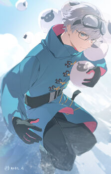1boy baggy_pants belt bilibili_logo black-framed_eyewear black_gloves black_pants black_undershirt blue_coat blue_eyes blue_sky chinese_commentary cloud coat commentary_request fate/grand_order fate_(series) full_body glasses gloves goggles goggles_on_head high_collar highres holding holding_stuffed_toy jacques_de_molay_(saber)_(fate) jacques_de_molay_(saber)_(second_ascension)_(fate/grand_order) looking_at_viewer male_focus outdoors pants partial_commentary rectangular_eyewear rhg_g short_hair signature sky snow solo stuffed_animal stuffed_sheep stuffed_toy two-sided_fabric white_hair