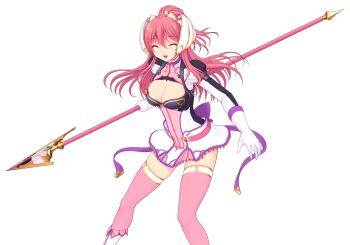 1girl :d ^_^ boots bow breasts cleavage cleavage_cutout closed_eyes clothing_cutout dress en_ciel_rena en_ciel_rena_(sin) facing_viewer game_cg gloves hair_ornament headgear holding holding_weapon kourin_tenshi_en_ciel_rena large_breasts large_variant_set long_hair miniskirt non-web_source official_art open_mouth pink_hair pink_thighhighs polearm ponytail red_hair saitou_natsuki short_dress skirt smile solo spear suhamaya thighhighs tomoe_rena transparent_background variant_set weapon white_gloves zettai_ryouiki