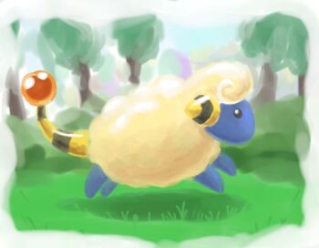 black_eyes from_side gen_2_pokemon grass horns mareep nintendo no_humans pokemon pokemon_(creature) running shadow sheep solo striped_horns striped_tail tail tree wool zawabug
