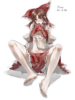 1girl absurdres aihara-rina artist_name bandages barefoot blush bow chinese_commentary clothes_in_mouth clothes_lift commentary_request dated detached_sleeves feet frilled_bow frilled_hair_tubes frills hair_bow hair_tubes hakurei_reimu highres navel no_shoes red_bow red_eyes red_shirt red_skirt sarashi scratches shirt shirt_lift simple_background sitting skirt solo stomach touhou white_background