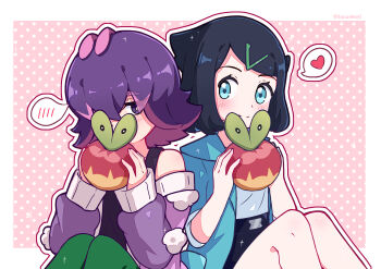 2girls absurdres apple applin black_hair black_shorts blue_eyes blush closed_mouth commentary_request dot_(pokemon) eyelashes food fruit gen_8_pokemon hair_ornament hair_over_eyes hairclip heart highres holding jacket liko_(pokemon) long_sleeves multicolored_hair multiple_girls nintendo open_clothes pants pink_hair pokemon pokemon_(anime) pokemon_(creature) pokemon_horizons purple_eyes purple_hair shirt short_hair shorts spoken_heart tank_top toumei_4869 white_shirt yuri