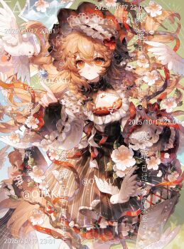 1girl absurdres bird braid branch breasts cleavage closed_mouth dated dress eyelashes eyeshadow feathers fingernails flower frilled_dress frills hair_between_eyes hair_ornament hairband hairpin headdress highres leaf long_hair long_sleeves looking_at_animal makeup nail_polish orange_dress orange_eyeshadow orange_flower orange_hair orange_nails orange_ribbon original paper ribbon sidelocks solo too_many_watermarks watermark white_bird xingchunxiang