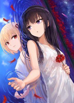 2girls absurdres alternate_costume black_hair blonde_hair blue_sky bob_cut closed_mouth cloud collarbone commentary_request different_reflection dress expressionless eyelashes fingernails flower hair_over_shoulder hair_ribbon highres holding holding_flower inoue_takina kusaba_eru_(happy_crystal) long_hair lycoris_recoil multiple_girls nishikigi_chisato parted_lips petals portal_(object) purple_eyes red_eyes red_ribbon reflection ribbon ripples short_hair sky sleeveless sleeveless_dress smile star_(sky) starry_sky upper_body water white_dress