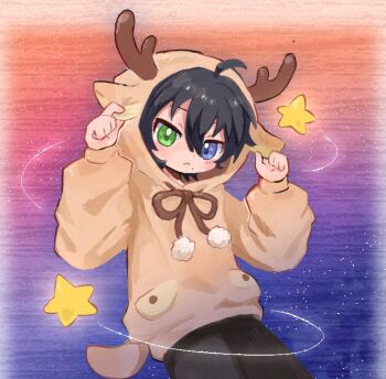 1boy :&lt; ahoge animal_hood black_hair black_pants blue_eyes blush bow cowboy_shot expressionless green_eyes hair_between_eyes heterochromia holding_ears hood hypnosis_mic looking_at_viewer male_focus mole mole_under_eye mole_under_mouth multiple_moles pants pom_pom_(clothes) reindeer_hood shooting_star short_hair sky solo star_(sky) starry_sky suke8364 yamada_saburo