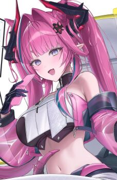 Rule 34 | arknights, arknights: endfield, bare shoulders, black gloves, blue eyes, blue hair, breasts, cellphone, detached sleeves, dragon girl, dragon horns, dragon tail, fang, flip phone, gloves, hashtag-only commentary, highres, horns, idasu (hyun9164), large breasts, long hair, looking at viewer, midriff, multicolored gloves, multicolored hair, open mouth, pants, phone, pink gloves, pink hair, pointy ears, tail, twintails, two-tone gloves, white pants, yvonne (arknights)