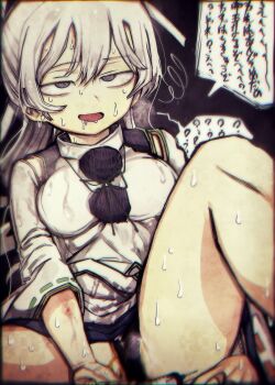 1girl absurdres bare_legs black_panties breasts commission drugged green_ribbon grey_eyes grey_hair highres hypnosis long_hair long_sleeves looking_at_viewer medium_breasts mind_control mononobe_no_futo needle open_mouth panties pantyshot peeing piaki ribbon ribbon-trimmed_sleeves ribbon_trim shirt solo speech_bubble touhou underwear white_shirt