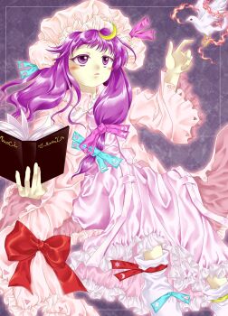 1girl bird blue_ribbon blush book bow checkered_background commentary_request crescent crescent_hair_ornament dress fire frilled_dress frills grimoire hair_ornament hair_ribbon hand_up hat hat_ornament highres holding holding_book inset_border long_hair long_sleeves looking_at_animal low-tied_long_hair mob_cap outside_border parted_lips patchouli_knowledge pink_dress pink_ribbon purple_background purple_eyes purple_hair red_bow red_ribbon ribbon socks solnpass solo touhou white_socks wide_sleeves yellow_ribbon zun_(style)