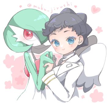 1girl artist_name blue_eyes bob_cut braid brown_hair diantha_(pokemon) gardevoir gen_3_pokemon green_hair hair_over_one_eye heart highres holding_hands jacket looking_at_viewer muku_jirushi nintendo pink_eyes pokemon pokemon_(creature) pokemon_xy smile white_jacket