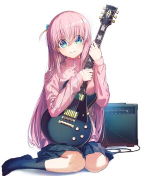 1girl absurdres black_skirt black_socks blue_eyes blush bocchi_the_rock! boombox closed_mouth cube_hair_ornament dot_nose electric_guitar female_focus full_body gotoh_hitori guitar hair_between_eyes hair_ornament highres holding_guitar holding_instrument instrument jacket kneeling long_hair long_sleeves looking_at_viewer miniskirt pink_hair pink_jacket pink_track_suit pleated_skirt simple_background sitting skirt socks solo solo_focus track_suit white_background yoru_kiri