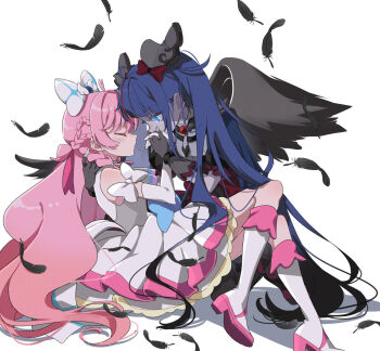 Rule 34 | 2girls, ahoge, arm around neck, armor, ascot, black feathers, black gloves, black hair, black wings, blue bow, blue eyes, blue hair, boots, bow, braid, brooch, closed eyes, closed mouth, colored skin, commentary, crown braid, cure prism, cure sky, cure sky (dark), dark persona, dress, dress bow, earclip, earrings, elbow gloves, feathered wings, feathers, fingerless gloves, glove bow, gloves, gradient hair, grey gloves, grey skin, hair bow, hair intakes, hair ornament, heart, heart ahoge, highres, hirogaru sky! precure, holding hands, interlocked fingers, izumi kirifu, jewelry, knee boots, kneeling, layered dress, leaning forward, long hair, looking at another, magical girl, medium dress, multicolored hair, multiple girls, nijigaoka mashiro, pauldrons, pink hair, precure, puffy short sleeves, puffy sleeves, red hair, shadow, short sleeves, shoulder armor, side braids, simple background, single pauldron, single sidelock, sitting, sleeveless, sleeveless dress, sora harewataru, spiked pauldrons, spikes, streaked hair, stud earrings, twintails, two-tone hair, very long hair, white ascot, white background, white boots, white bow, white dress, white gloves, wing brooch, wing hair ornament, wings, yuri