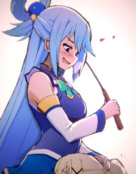2girls aqua_(konosuba) blonde_hair blue_dress blue_hair darkness_(konosuba) dress drooling femdom highres holding holding_whip implied_cunnilingus kono_subarashii_sekai_ni_shukufuku_wo! long_hair mouth_drool multiple_girls riding_crop sidelocks smile very_long_hair whip white_background xandredarium22 yuri