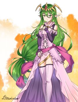 1girl breasts commentary commission dress english_commentary fire_emblem fire_emblem:_mystery_of_the_emblem green_eyes green_hair grimaisbestwaifu hand_on_own_chest headpiece highres long_hair medium_breasts nagi_(fire_emblem) nintendo orange_background pink_dress pointy_ears signature skindentation solo taut_clothes thighhighs thighs very_long_hair