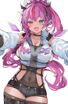 1girl appleseed_(appleseed_art) black_horns black_shorts blue_eyes blush bodystocking breasts cleavage commentary cowboy_shot cropped_vest denim denim_shorts detached_sleeves fang heterochromia high_ponytail highres hololive hololive_english horns irys_(hololive) large_breasts long_hair multicolored_hair open_mouth pointy_ears ponytail purple_eyes purple_hair reaching reaching_towards_viewer red_hair short_shorts shorts simple_background skindentation solo streaked_hair two-tone_hair vest virtual_youtuber white_background white_sleeves white_vest
