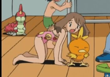 1girl 2boys all_fours animated animated_gif anime_screenshot armpit_crease ash_ketchum barefoot blue_eyes breasts brown_hair casual_one-piece_swimsuit collarbone day denim eyelashes fanservice feet female_focus from_side full_body gen_3_pokemon green_swim_trunks halterneck heel_up highres jeans legs looking_at_viewer lotad max_(pokemon) may_(pokemon) medium_hair missing_headwear multiple_boys neck nintendo no_gloves official_alternate_costume official_art one-piece_swimsuit open_mouth outdoors pants pink_one-piece_swimsuit pokemon pokemon_(anime) pokemon_(creature) pokemon_ag019 pokemon_the_series:_ruby_and_sapphire polka_dot polka_dot_swimsuit scared sexually_suggestive shoes sidelocks small_breasts sneakers soles swept_bangs swimsuit thighs toenails toes topless_male torchic torn_clothes torn_swimsuit turning_head unamused when_you_see_it wurmple