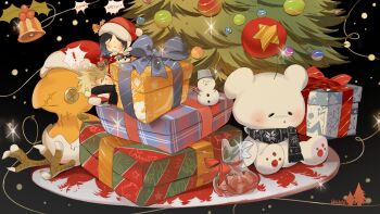 1boy 1girl 4k1030 absurdres black_hair black_scarf blonde_hair blush box capelet character_doll chibi chibi_only chocobo christmas christmas_lights christmas_ornaments christmas_present christmas_tree cloud_strife cloud_strife_(holiday_outfit) doll english_text final_fantasy final_fantasy_vii final_fantasy_vii:_ever_crisis full_body fur-trimmed_capelet fur-trimmed_jacket fur_trim gift gift_box hat hat_ornament highres holly_hat_ornament jacket long_hair looking_at_another moogle official_alternate_costume open_mouth pom_pom_(clothes) red_capelet red_jacket santa_costume santa_hat scarf snowman sparkle speech_bubble spiked_hair sweatdrop tifa_lockhart tifa_lockhart_(fairy_of_the_holy_flame)