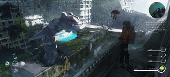 1girl absurdres animal animal_on_head asteroid_ill backpack bag bird bird_on_head city commentary_request day gen_1_pokemon gen_2_pokemon gen_3_pokemon gen_8_pokemon giant highres huge_filesize jacket long_hair minimap moss nidoking nidorina nintendo on_head orange_jacket orbeetle outdoors pants pokemon pokemon_(creature) ponytail red_eyes ruins shoes sideways_glance standing steelix taillow teeth user_interface window