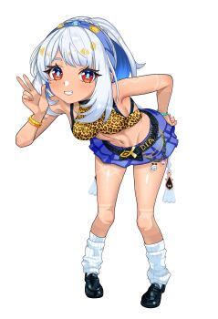 1girl absurdres alternate_costume animal_print bare_arms bare_legs bare_shoulders belt black_belt black_shoes blue_hair blue_hairband blue_skirt breasts colored_inner_hair commentary crop_top dark-skinned_female dark_skin english_commentary full_body genshin_impact grin hairband highres leaning_forward leopard_print loafers looking_at_viewer loose_socks midriff miniskirt mualani_(genshin_impact) multicolored_hair navel nother_walpurgis red_eyes shoes simple_background skirt small_breasts smile socks solo standing stomach white_background white_hair white_socks