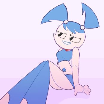 1girl android blue_hair blue_skirt blue_tank_top colored_skin humanoid_robot ichii-go jenny_wakeman joints mechanical_hair my_life_as_a_teenage_robot robot robot_girl robot_joints screw sitting skirt tank_top thighs twintails white_skin