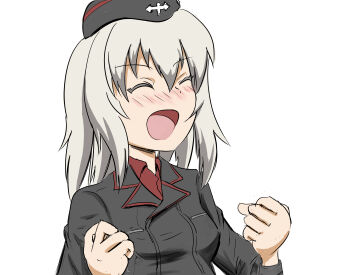 Rule 34 | 1girl, black hat, black jacket, blush, clenched hands, closed eyes, collared shirt, garrison cap, girls und panzer, grey hair, hat, highres, itsumi erika, jacket, kumanoko (xtakatox), kuromorimine military uniform, long hair, long sleeves, open mouth, red shirt, shirt, smile