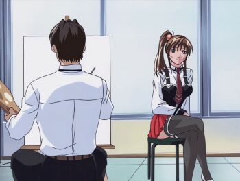 1boy 1girl 2003 animated animated_gif ass bent_over bible_black bible_black_night_of_the_walpulgiss bow bowtie breasts brown_hair crossed_legs easel green_eyes hands_on_own_hips imari_kurumi large_breasts leaning_forward legs minase_taki modeling paint paint_palette painting_(medium) school_uniform short_hair side_ponytail sitting skirt smile tagme thighs traditional_media underwear walking