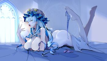 1girl aqua_hair blue_bra blue_panties bra breasts commentary_request condom dentosaginuma duel_masters duel_masters_play's indoors large_breasts large_hat long_hair lying on_stomach open_mouth panties panties_around_toe shakogairu_(duel_masters_play's) sleepy solo tears teeth underwear upper_teeth_only used_condom window yellow_eyes