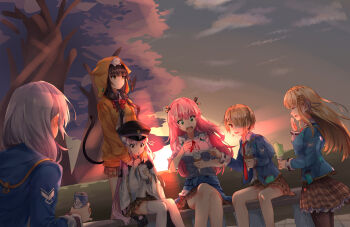 6+girls absurdres aikawa_megumi animal_hood asakura_karen_(heaven_burns_red) bench black_hair blonde_hair blue_hoodie blue_jacket blush bow braid breasts brown_hair brown_skirt can cat cat_hair_ornament cat_hood cat_tail closed_eyes closed_mouth clothes_around_waist crossed_legs cup disposable_cup drink_can dusk eating food green_eyes grey_hair hair_ornament hair_over_one_eye hair_ribbon hat heaven_burns_red heterochromia highres holding holding_can holding_food holding_ice_cream hood hood_up hooded_jacket hoodie ice_cream izumi_yuki_(heaven_burns_red) jacket jacket_around_waist kayamori_ruka kunimi_tama long_hair long_sleeves looking_at_another low_twintails military_hat miniskirt multiple_girls necktie on_head open_mouth outdoors pantyhose pink_hair plaid_clothes plaid_skirt pleated_skirt ramaramune red_bow red_necktie red_ribbon ribbon school_uniform shirt short_hair sitting sitting_on_bench skirt smile soda_can standing sunset tail team_31a_(heaven_burns_red) thighhighs toujou_tsukasa tree twintails wagashi white_hair white_shirt white_thighhighs yellow_hoodie yellow_jacket