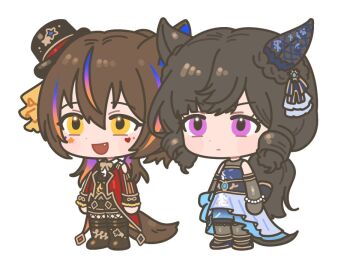 2girls artist_request asymmetrical_dress back_bow bad_id bad_twitter_id bare_shoulders bead_bracelet beads belt black_belt black_boots black_corset black_hair black_hat black_pantyhose black_shoes black_shorts black_vest blue_bow blue_eyes blue_ribbon blush_stickers boots bow bowtie bracelet braid braided_hair_rings brown_hair chibi closed_mouth clothing_cutout coat coattails collared_coat collared_shirt commentary_request contrast_lapels corset crossdressing crossdressing_(ftm) daiichi_ruby_(flowing_blue)_(umamusume) daiichi_ruby_(umamusume) daitaku_helios_(joyful_jamboree!)_(umamusume) daitaku_helios_(umamusume) dot_nose dress dress_shirt ear_bow ear_covers elbow_gloves expressionless eyelashes facial_tattoo fang fishnet_pantyhose fishnets flats formal_clothes fur-trimmed_sleeves fur_trim gloves grey_gloves grey_pantyhose hair_between_eyes hair_ribbon hair_rings happy hat heart heart_tattoo horse_girl horse_tail jewelry korean_commentary lace lace-trimmed_dress lace_trim lapels light_frown long_dress long_sleeves looking_ahead loose_hair_strand low_ponytail mini_hat mini_top_hat multicolored_hair multiple_girls musical_note official_alternate_costume open_clothes open_coat open_mouth pantyhose ponytail print_headwear purple_eyes red_coat ribbon ringlets second-party_source shirt shoe_belt shoes short_hair_with_long_locks shorts shoulder_cutout side_ponytail sidelocks simple_background single_ear_cover sleeve_cuffs sleeveless sleeveless_dress smile standing star_(symbol) star_print star_tattoo streaked_hair striped_bow tail tailcoat tattoo thigh_boots top_hat umamusume vest white_background white_shirt yellow_bow yellow_bowtie yellow_eyes yellow_ribbon