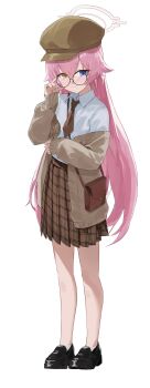 1girl absurdres adjusting_eyewear alternate_costume bag bespectacled black-framed_eyewear black_shoes blue_archive blue_eyes brown_bag brown_cardigan brown_hat brown_necktie brown_skirt cardigan cardigan_partially_removed closed_mouth collared_shirt commentary_request double-parted_bangs evening_rabbit fang full_body glasses hair_between_eyes halo hat heterochromia highres hoshino_(blue_archive) loafers long_hair long_sleeves looking_at_viewer necktie newsboy_cap off_shoulder pink_hair pink_halo pink_nails plaid_clothes plaid_skirt pleated_skirt round_eyewear shirt shoes shoulder_bag simple_background skin_fang skirt smile socks solo white_background white_shirt white_socks yellow_eyes