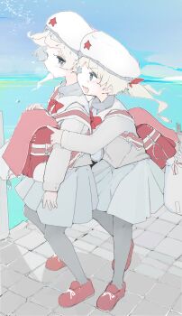 2girls backpack bag blonde_hair expressionless front_backpack full_body grey_eyes hat highres kinomoto_(nazonoinu) looking_at_another multiple_girls ocean original pantyhose randoseru sailor_hat school_uniform serafuku skirt smile twintails water