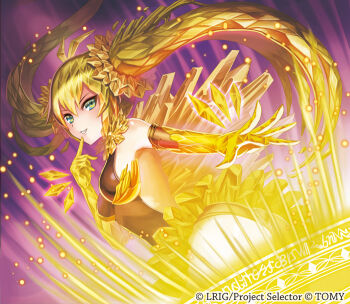 1girl ass backless_leotard black_leotard blonde_hair breasts closed_mouth copyright_notice elbow_gloves gloves green_eyes leotard long_hair looking_at_viewer madopen medium_breasts official_art rin_(wixoss) smile solo twintails wixoss yellow_gloves