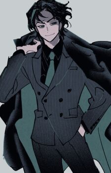 1boy animification black_coat black_hair black_jacket black_pants black_shirt black_suit closed_mouth coat coat_on_shoulders collared_shirt commentary_request contrapposto cowboy_shot formal_clothes green_necktie green_streaks grey_background haaa_om007ls hand_in_pocket highres jacket korean_commentary long_sleeves looking_to_the_side male_focus morro multicolored_hair necktie ninjago pants pinstripe_jacket pinstripe_pants pinstripe_pattern pinstripe_suit shirt short_hair simple_background smile solo streaked_hair striped_clothes striped_jacket striped_pants suit the_lego_group two-sided_coat two-sided_fabric vertical-striped_clothes vertical-striped_jacket vertical-striped_pants wing_collar