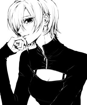 1girl breasts cleavage cleavage_cutout clothing_cutout ear_piercing fingernails greyscale hair_over_one_eye hand_up highres long_sleeves looking_at_viewer monochrome multiple_piercings one_eye_covered original parted_bangs parted_lips piercing shirt short_hair simple_background sleeves_past_wrists small_breasts smile solo spiked_ear_piercing teeniika turtleneck turtleneck_shirt upper_body white_background zipper zipper_pull_tab