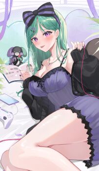 1girl absurdres bare_shoulders black_cardigan black_nails book breasts camisole cardigan cellphone cleavage controller game_controller green_hair hair_ornament hairband hairpin heart heart-shaped_pillow highres jewelry large_breasts long_hair looking_at_viewer lying mole mole_on_breast necklace off_shoulder on_bed on_side open_cardigan open_clothes parted_bangs phone pillow purple_camisole purple_eyes purple_shorts shorts sirom smartphone solo spaghetti_strap strap_slip swept_bangs thighs tongue tongue_out virtual_youtuber vspo! watermark yakumo_beni yakumo_beni_(5th_costume)
